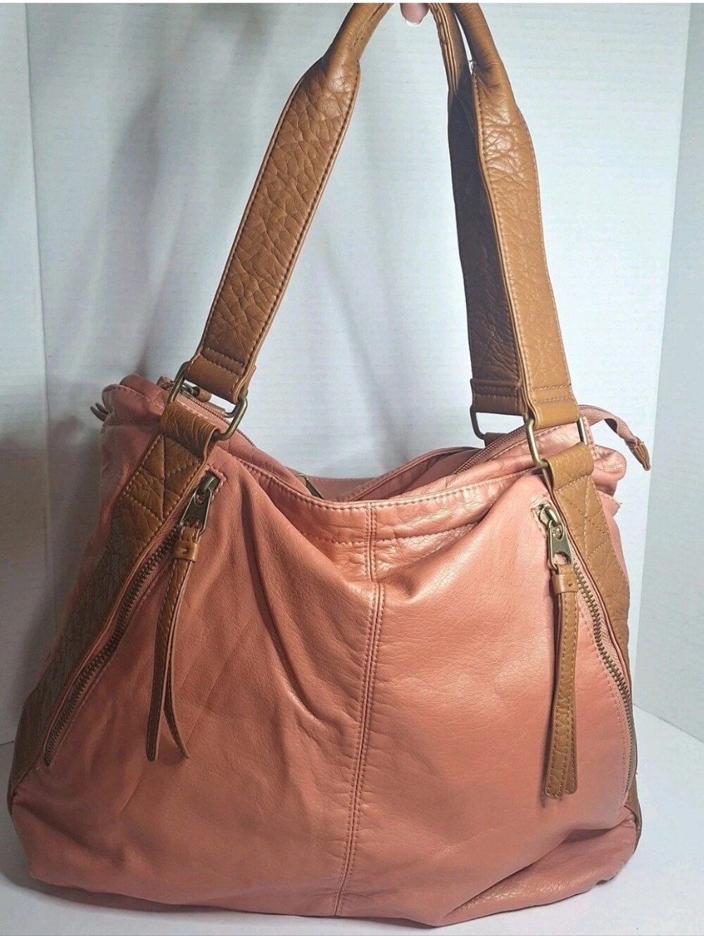 Bueno Faux Leather Coral Pink Brown Large Hobo Purse Bag Satchel Front Pockets
